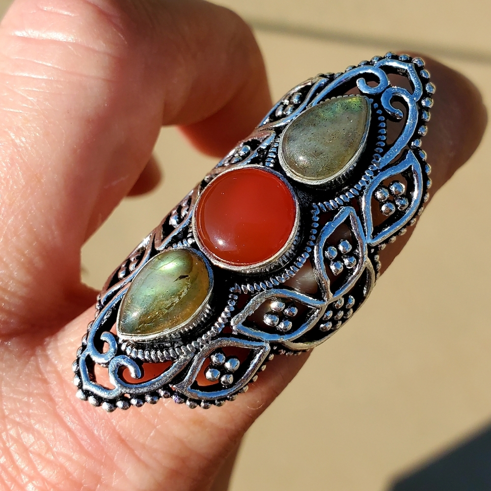 New Amazing Labradorite & Carnelian 925 Silver Ring. - Picture 12 of 12